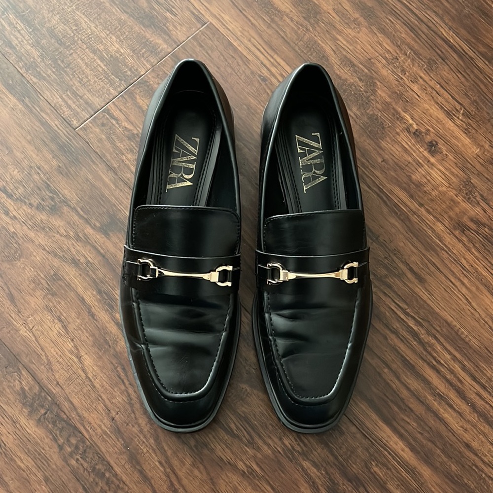 Zara Black Loafers with Gold Hardware